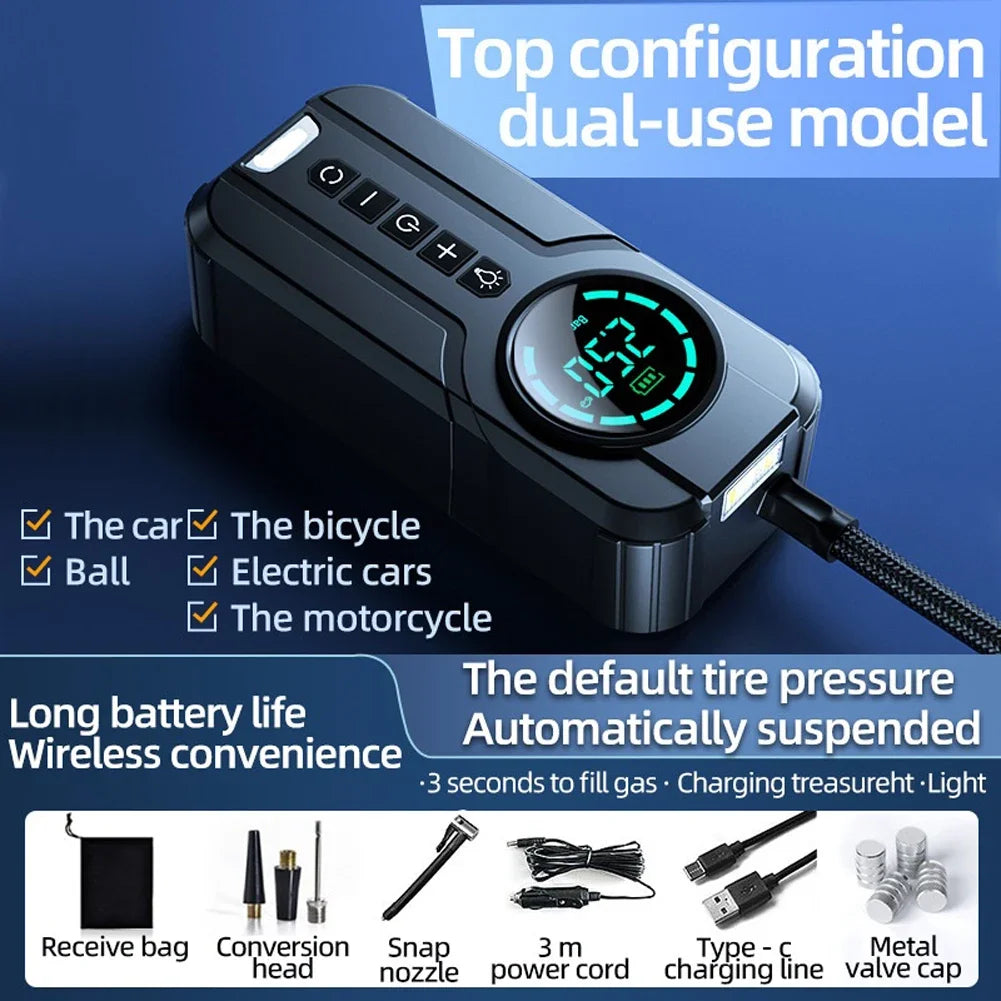 Compresseur d'Air Portable pour Voiture 12V - 100W, Gonfleur de Pneus Électrique avec Affichage LCD, Pompe à Air Rechargeable, Gonfleur Numérique Sans Fil pour Voiture et Moto