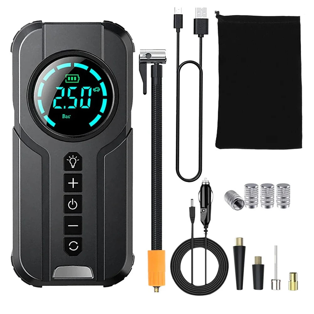 Compresseur d'Air Portable pour Voiture 12V - 100W, Gonfleur de Pneus Électrique avec Affichage LCD, Pompe à Air Rechargeable, Gonfleur Numérique Sans Fil pour Voiture et Moto